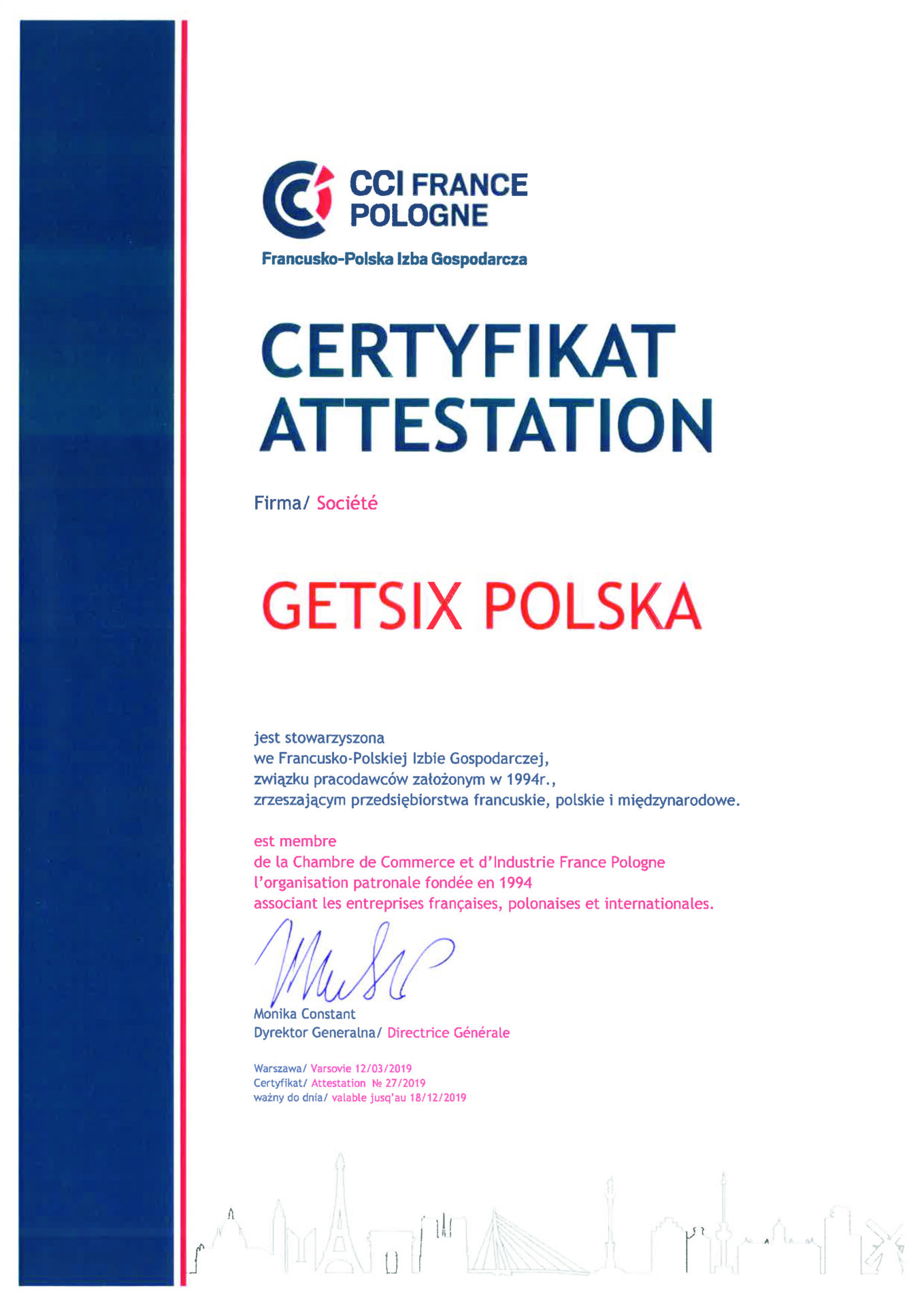 Certyfikat Francusko-Polskiej Izby
                            Gospodarczej