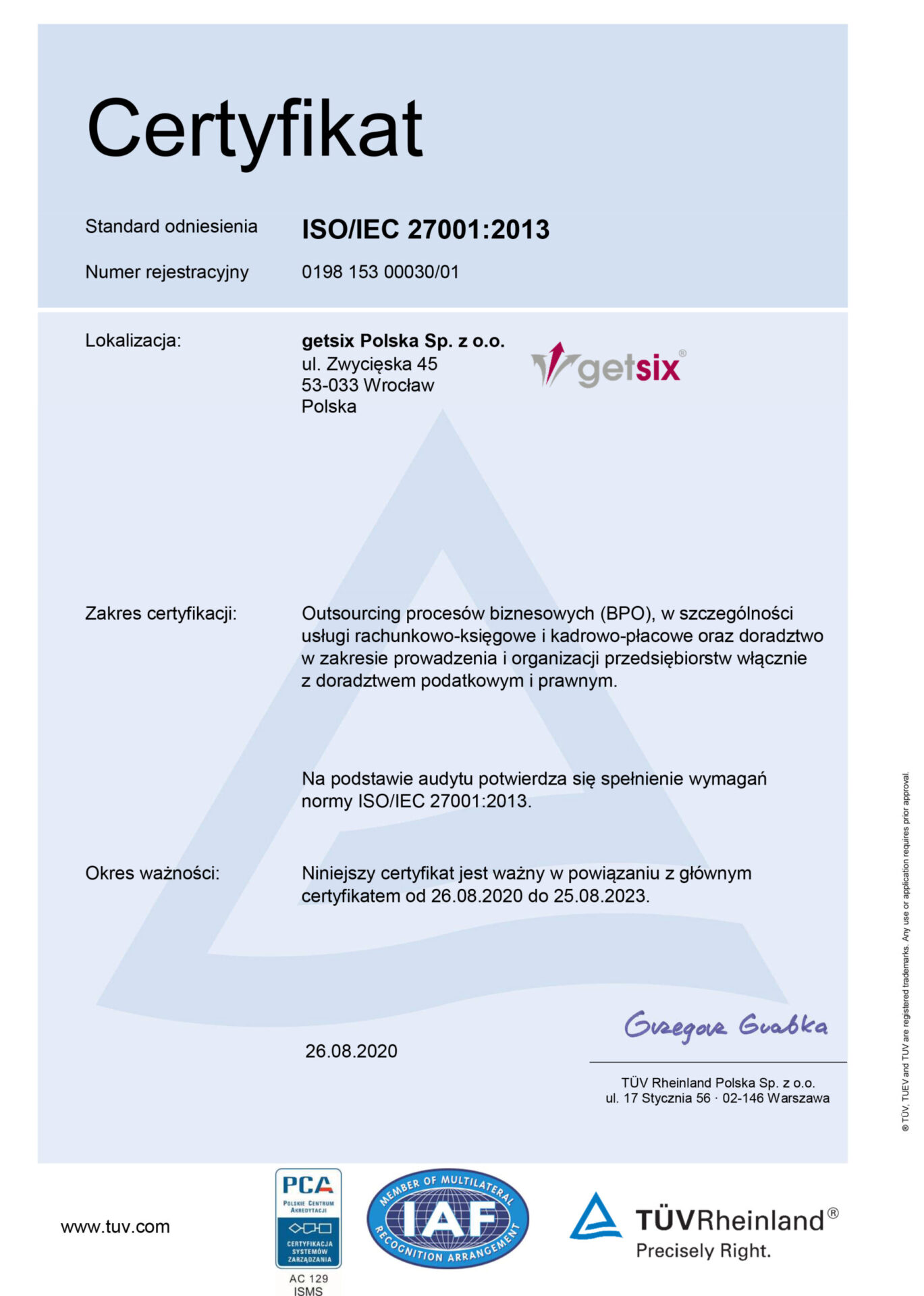Certyfikat ISO 27001 dla getsix Polska