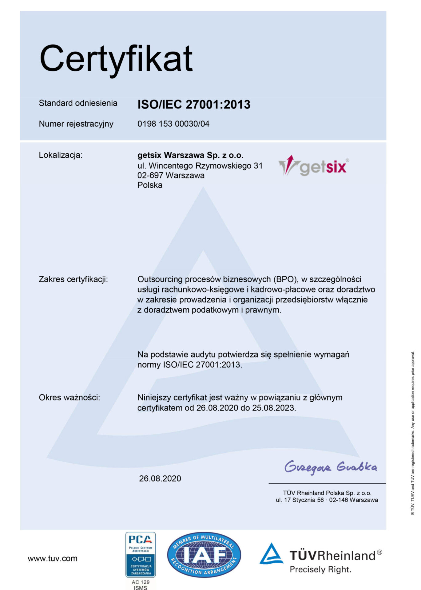 Certyfikat ISO 27001 dla getsix Warszawa