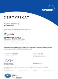 Certyfikat ISO 9001 dla getsix Wrocław