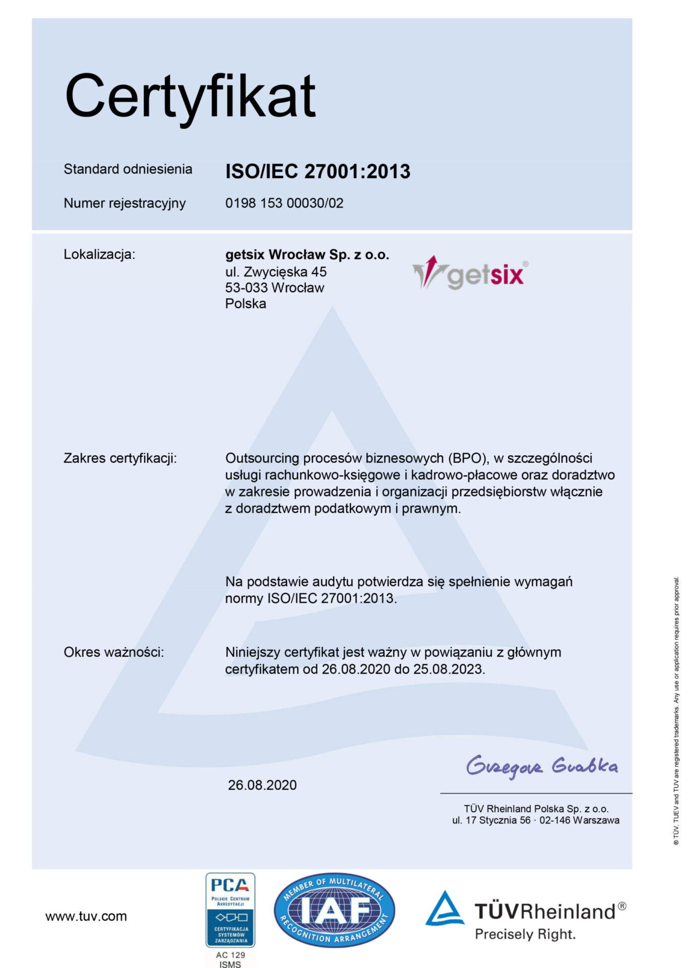 Certyfikat ISO 27001 dla getsix Wrocław