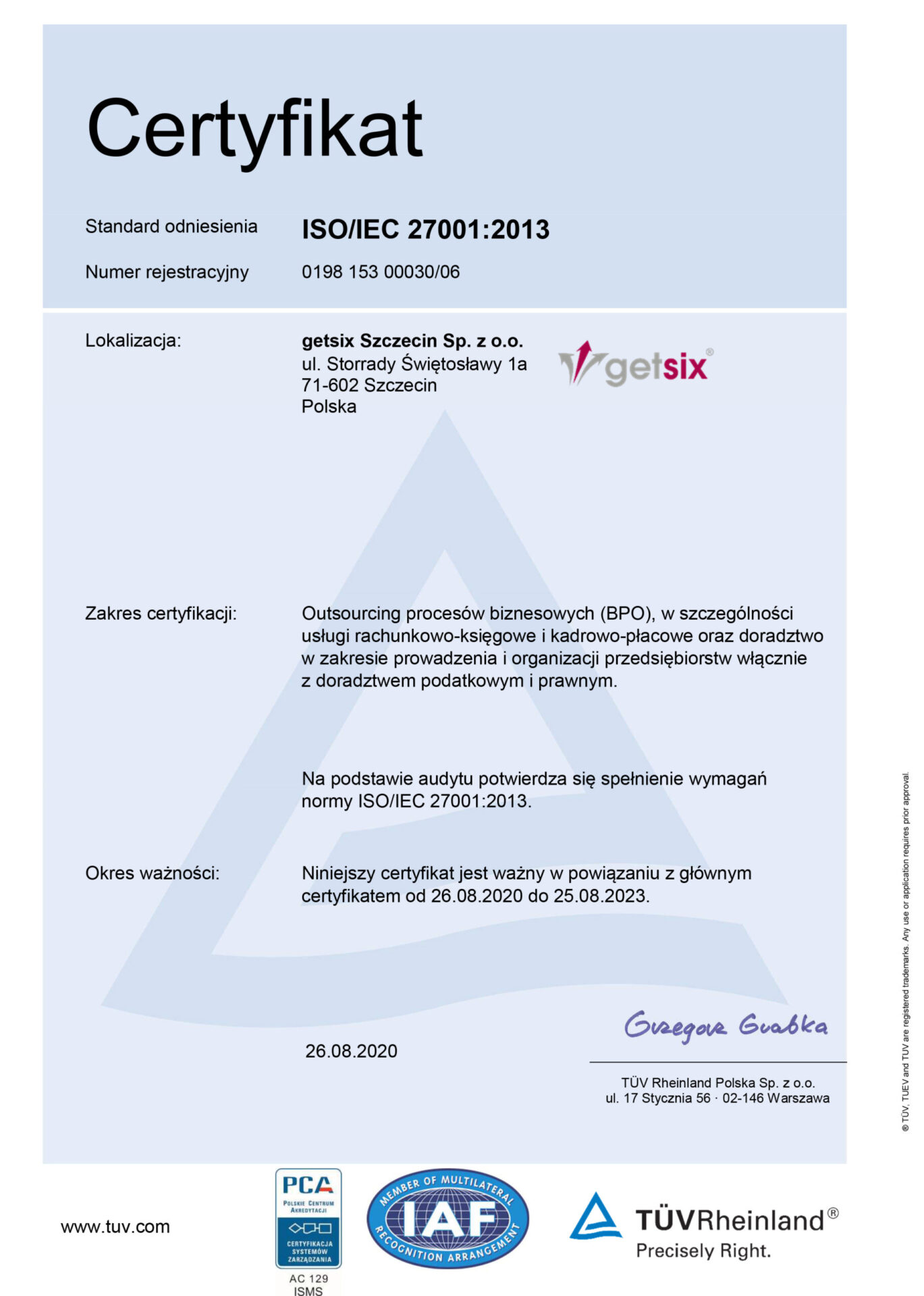 Certyfikat ISO 27001 dla getsix Szczecin